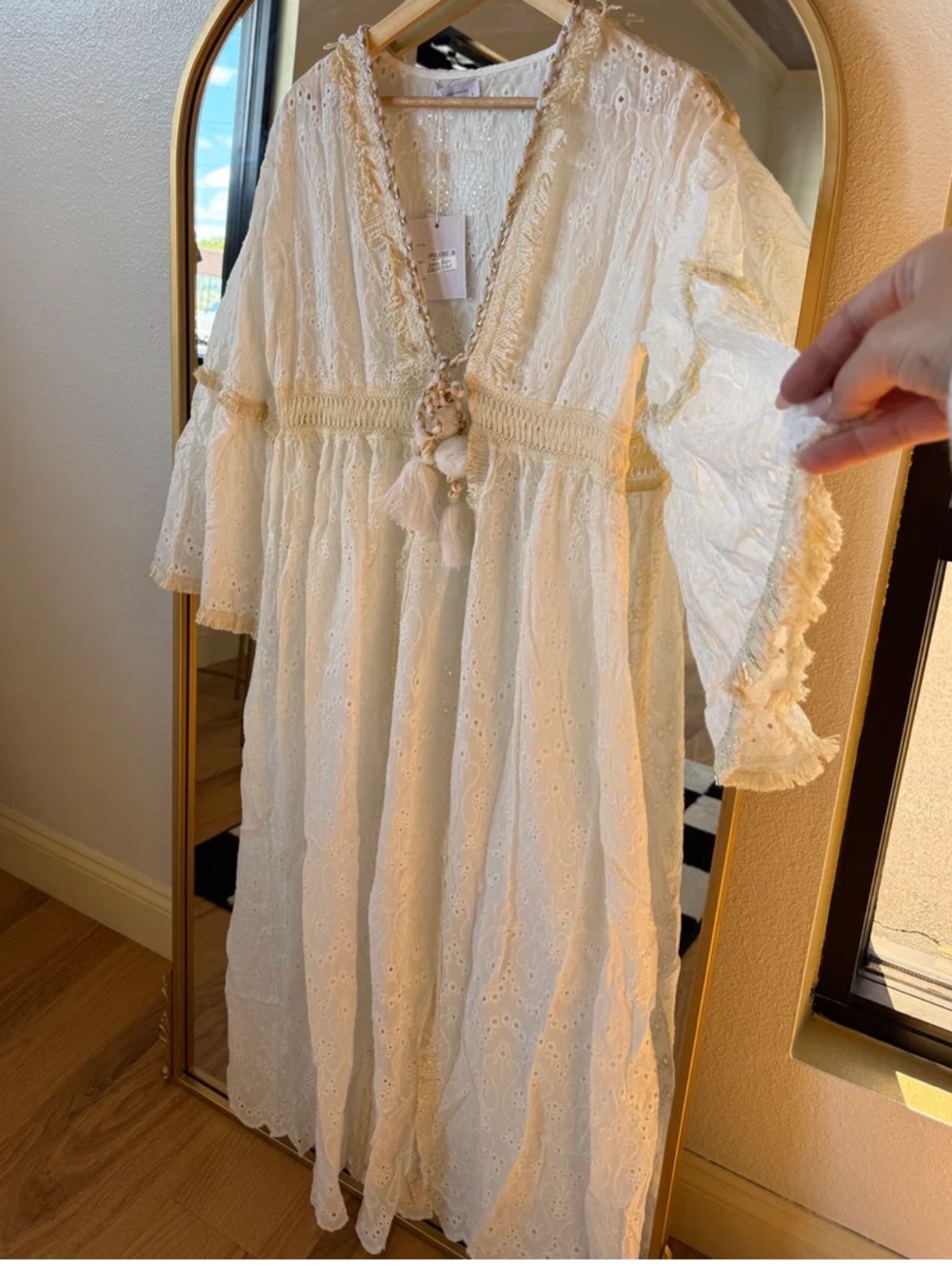 Sheer Eyelet Lace Kimono Robe in Cream with Tassel Tie